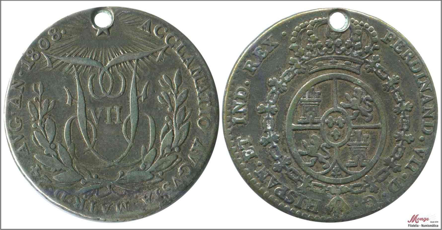 España - 1808 - Medalla - MBC / VF - Proclamación Fernado VII año 1808 Madrid / Modulo 2 Reales - perforada