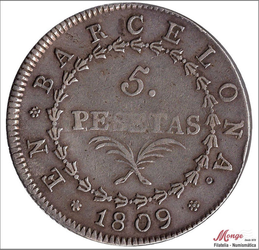 España - 1809 - José Napoleón - Nº 00014 - MBC / VF - 5 Pesetas 1809 Barcelona - 26,90 gr. plata - Error acuñación en escudo / O