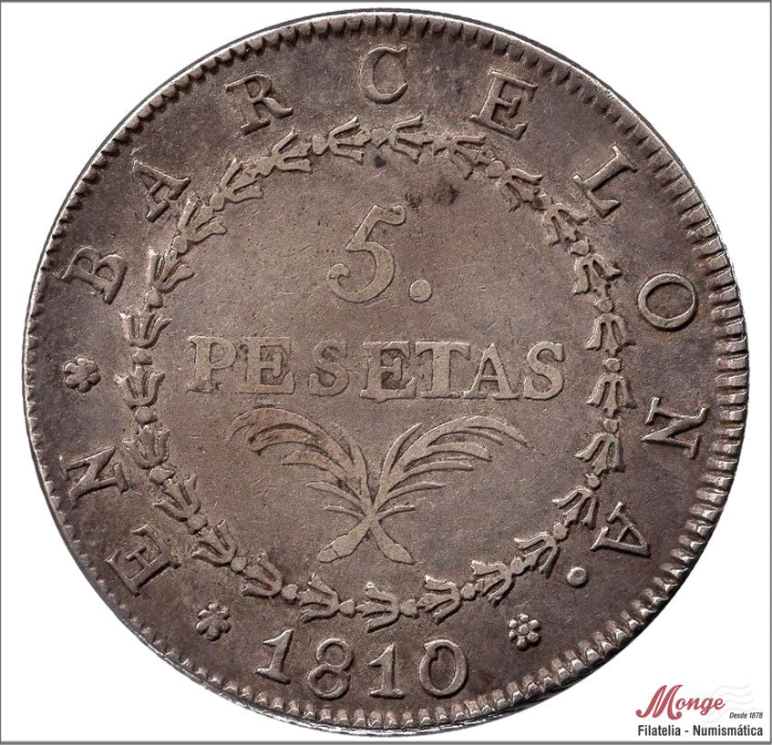 España - 1810 - José Napoleón - Nº 00015 - MBC+ / VF+ - 5 Pesetas 1810 Barcelona - 26,90 gr. plata / Ocupacion Napoleonica