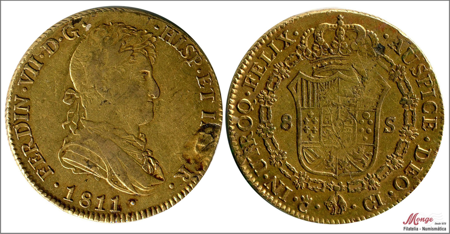 España - 1811 - Fernando VII - Nº 00001 - MBC - / VF- - 8 Escudos 1811 Cadiz CI / 26,95 gr. oro