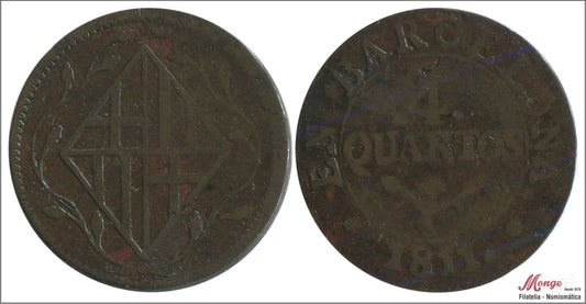 España - 1811 - José Napoleón - Nº 00073 - MBC - / VF- - 4 Quartos 1811 Barcelona Cu / Ocupacion Napoleonica