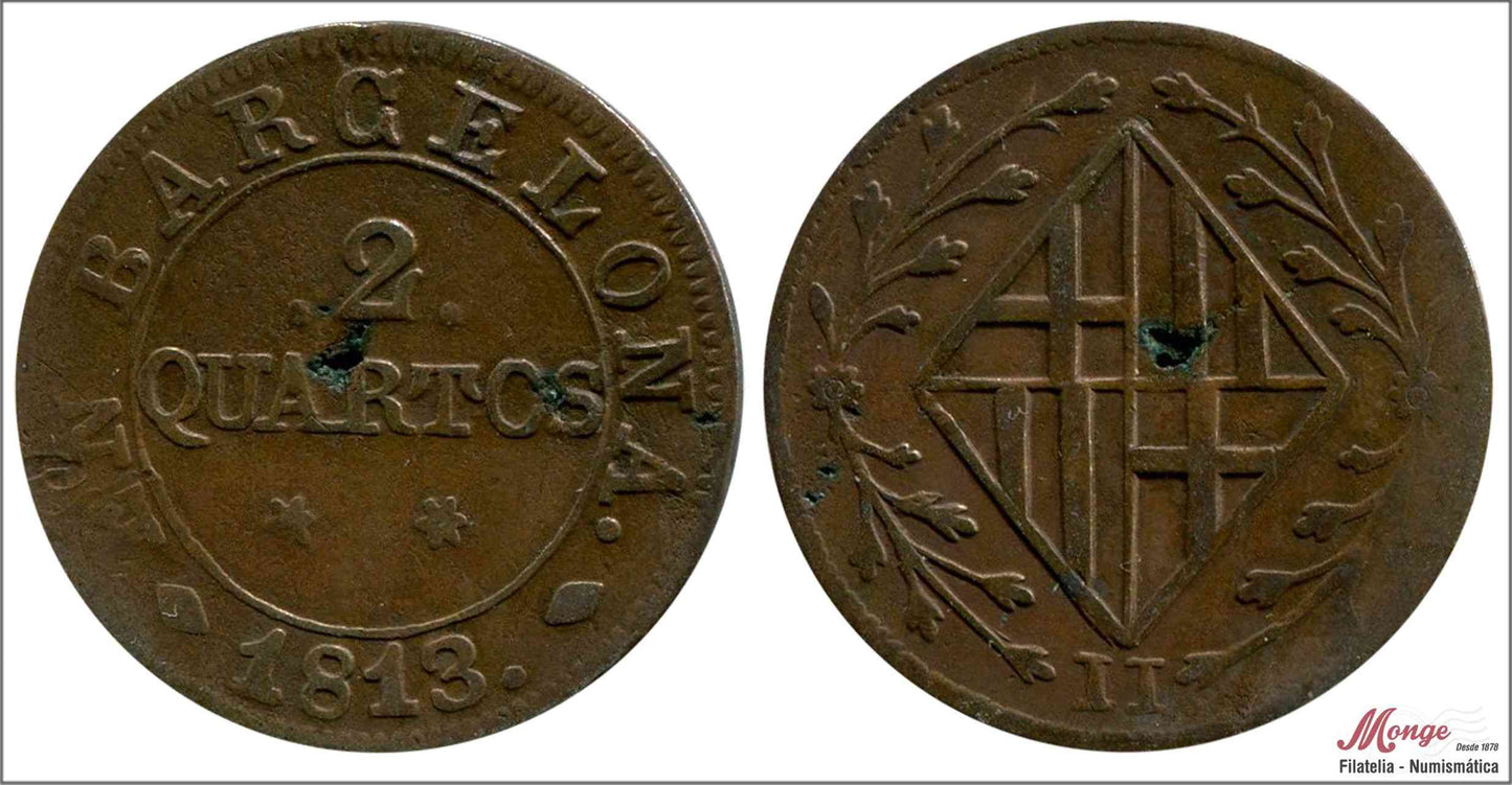 España - 1813 - José Napoleón - Nº 00090 - MBC / VF - 2 Quartos 1813 Barcelona Cu - Agujero central por defecto de Metal