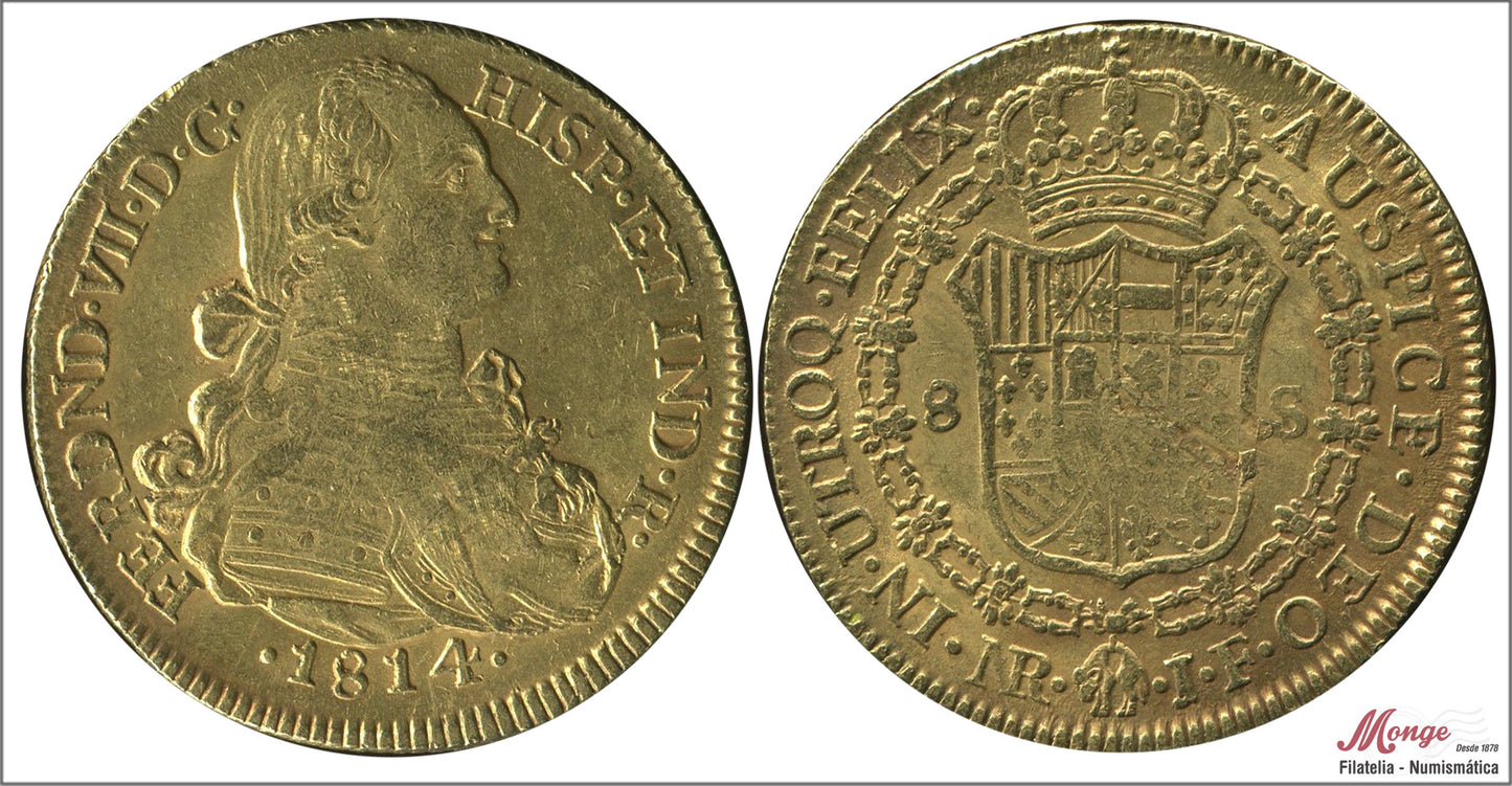 España - 1814 - Fernando VII - Nº 00103 - MBC - / VF- - 8 Escudos 1814 JF N. Reino JF / 27,30 gr oro - acuñacion floja escudo -