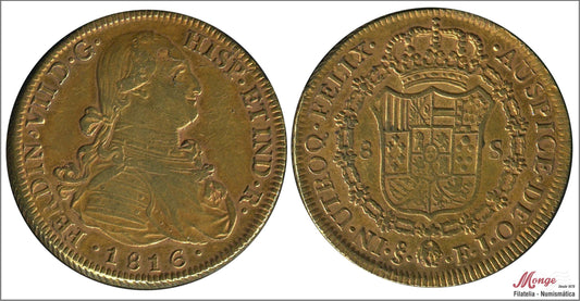 España - 1816 - Fernando VII - Nº 00124 - MBC / VF - 8 Escudos 1816 Santiago FJ 27,20 gr. oro