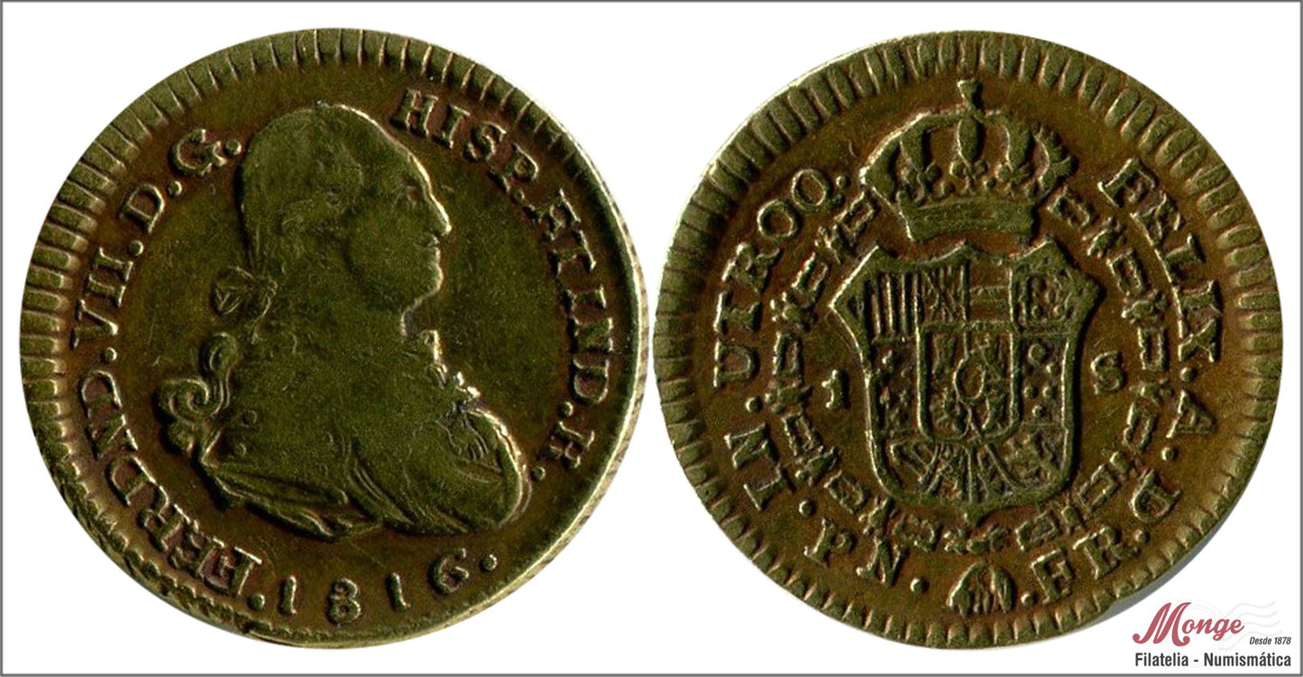 España - 1816 - Fernando VII - Nº 00320 - MBC- / MBC - 1 Escudo 1816 FR Popayan 3,65 gr. oro