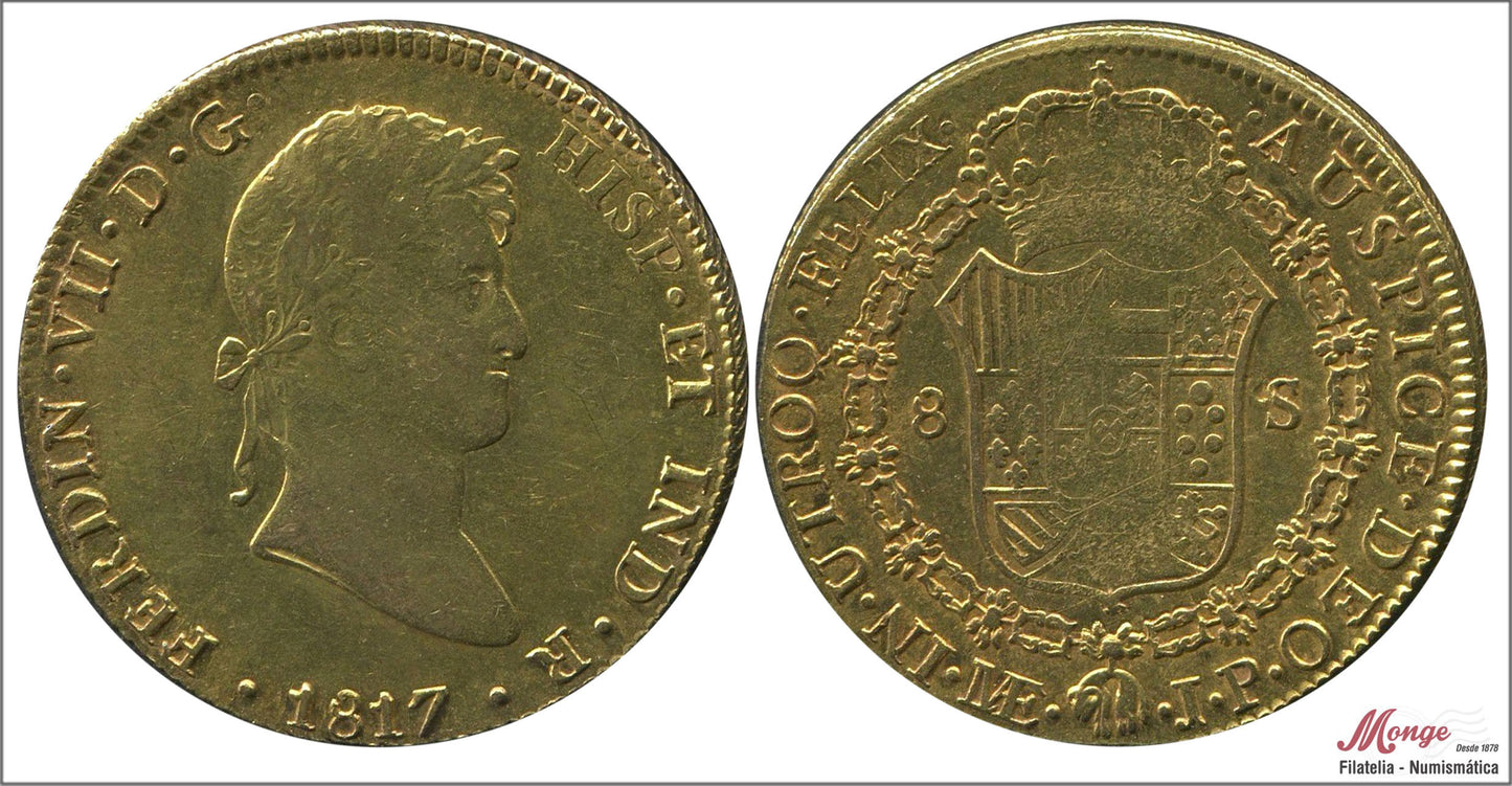 España - 1817 - Fernando VII - Nº 00023 - MBC+ / VF+ - 8 Escudos 1817 Lima JP / 27 gr. oro - escudo acuñacion floja