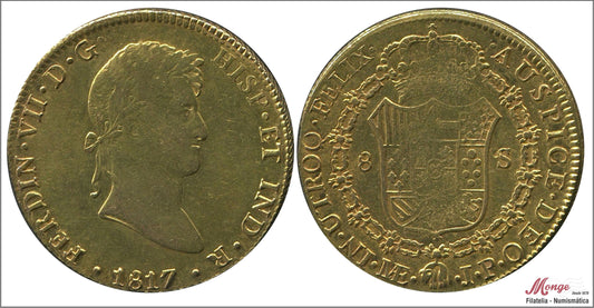 España - 1817 - Fernando VII - Nº 00023 - MBC+ / VF+ - 8 Escudos 1817 Lima JP / 27 gr. oro - escudo acuñacion floja