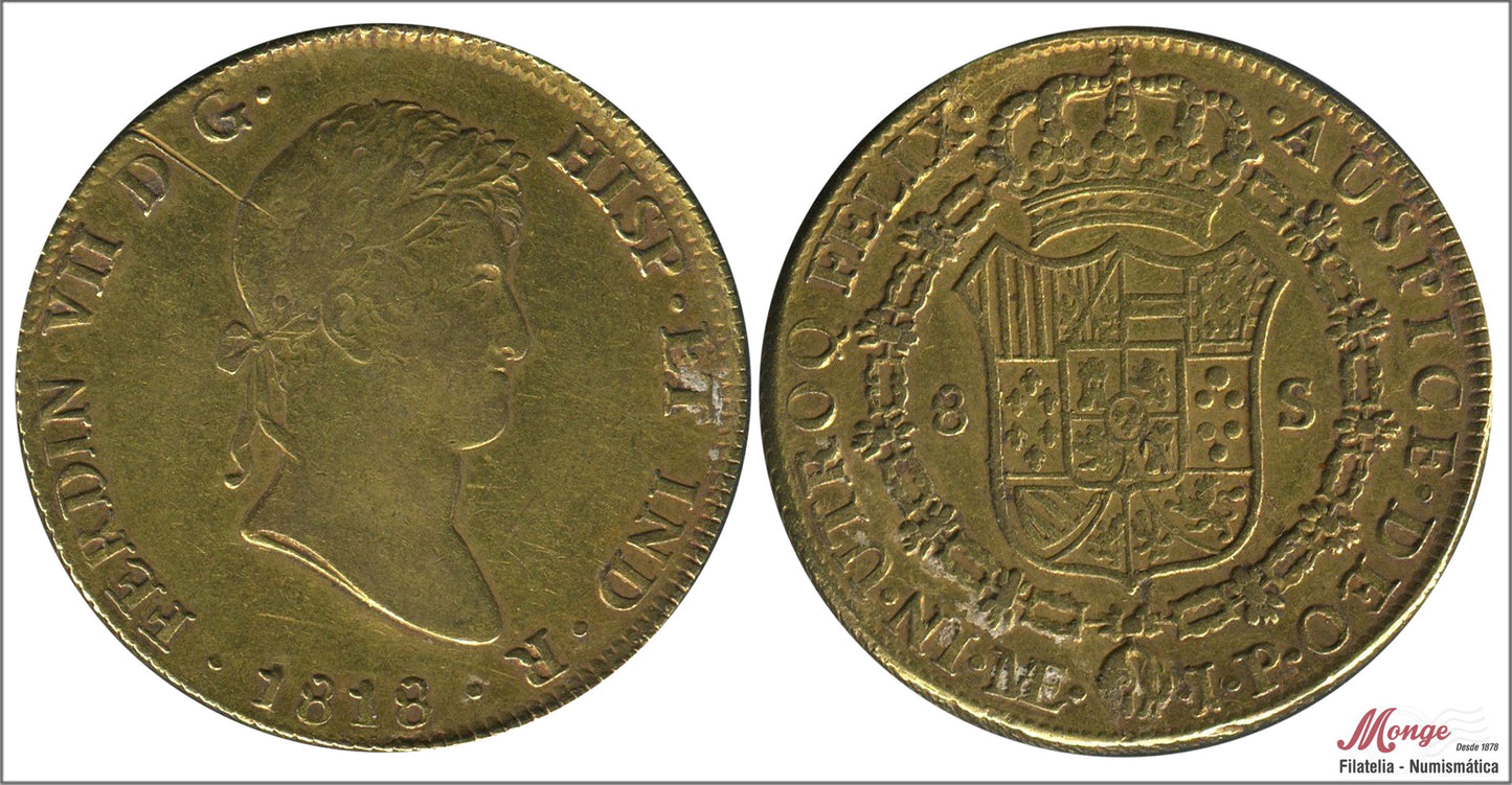 España - 1818 - Fernando VII - Nº 00024 - MBC- / MBC - 8 Escudos 1818 Lima JP / 27 gr. oro