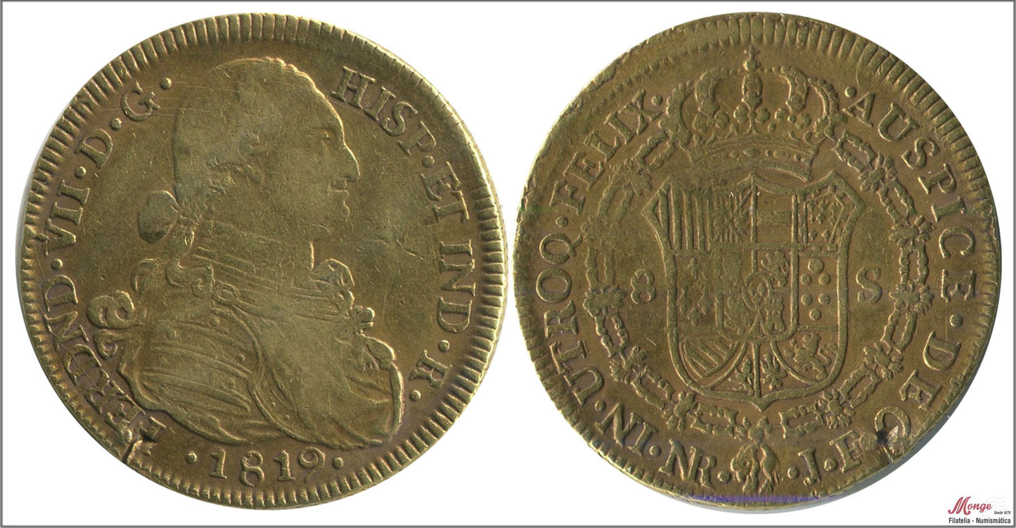 España - 1819 - Fernando VII - Nº 00110 - MBC - / VF- - 8 Escudos 1819 JF N. Reino JF 27 gr. oro / Marca prueba oro