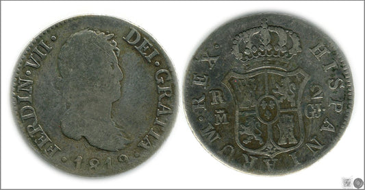 España - 1819 - Fernando VII - Nº 00921 - Buena conservación - BC / F - 2 Reales 1819 GJ Madrid Ag