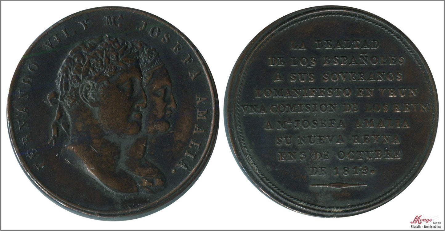 España - 1819 - Medalla - EBC- / XF- - Boda Fernando VII y Jose Amalia / Irun 1819 / 39,70 gr. bronce - 41mm