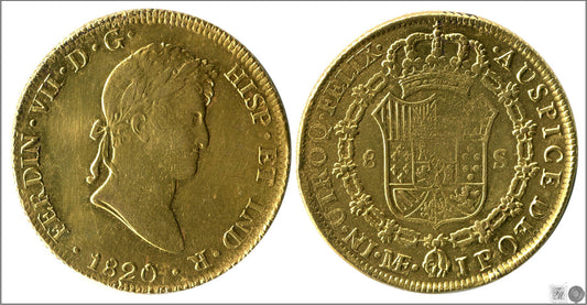 España - 1820 - Fernando VII - Nº 00026 - EBC / XF - 8 Escudos 1820 Lima JP / 26,95 gr. oro / Impresion floja escudo