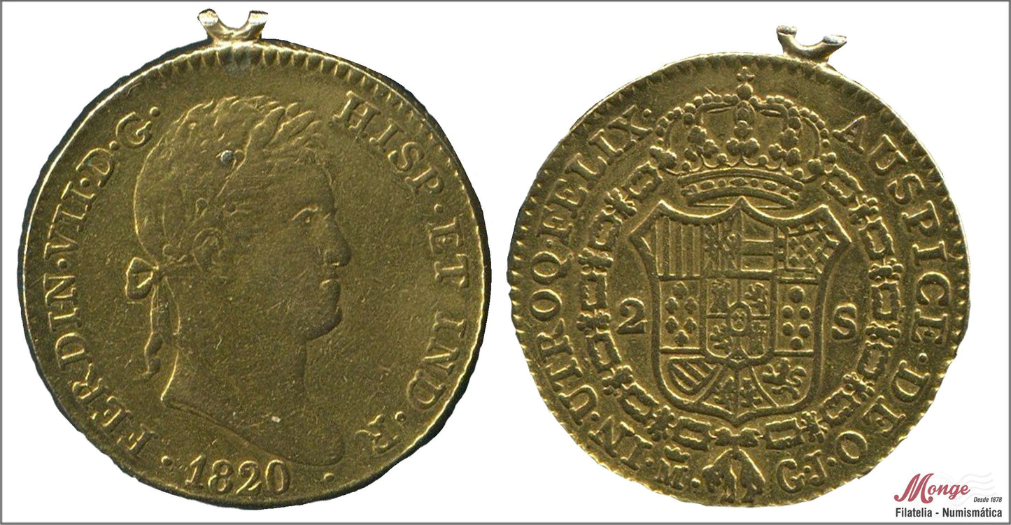 España - 1820 - Fernando VII - Nº 00217 - MBC / VF - 2 Escudos 1820 Madrid GJ / 6,80 gr. oro - descolgada