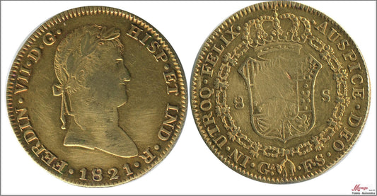 España - 1821 - Fernando VII - Nº 00007 - MBC+ / VF+ - 8 Escudos 1821 Guadalajara NI / 26,95 gr. oro / Impresion floja escudo