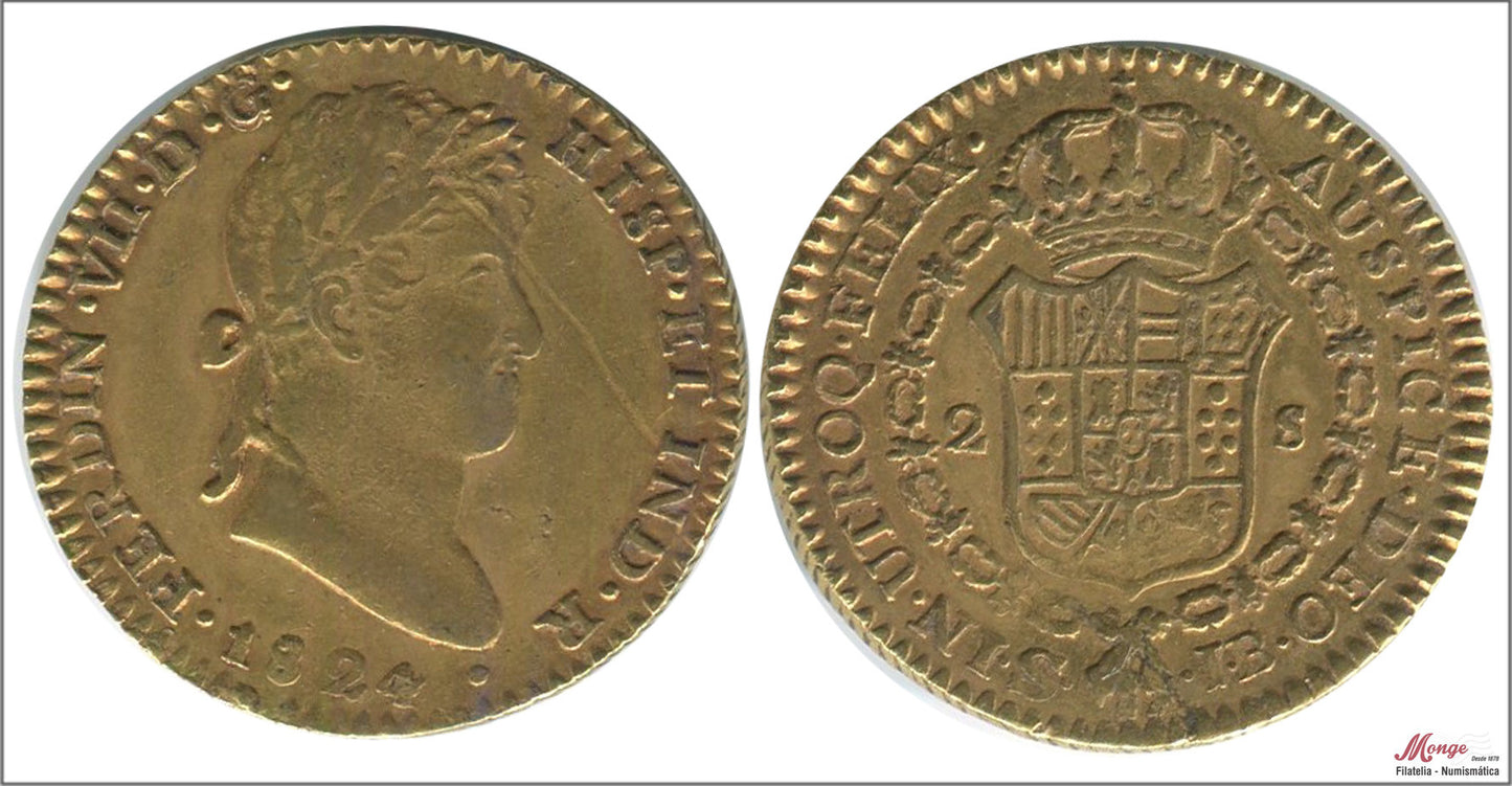 España - 1824 - Fernando VII - Nº 00267 - MBC / VF - 2 Escudos 1824 Sevilla CJ / 6,70 gr. oro