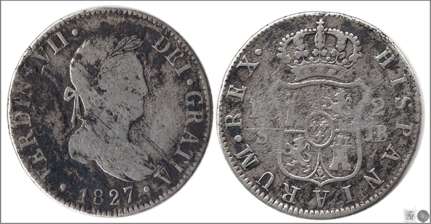 España - 1827 - Fernando VII - Nº 01035 - Buena conservación - BC / F - 2 Reales 1827 JB Sevilla Ag.