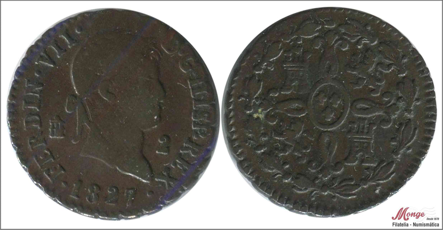 España - 1827 - Fernando VII - Nº 01727 - MBC+ / VF+ - 2 Maravedis 1827 Segovia Cu