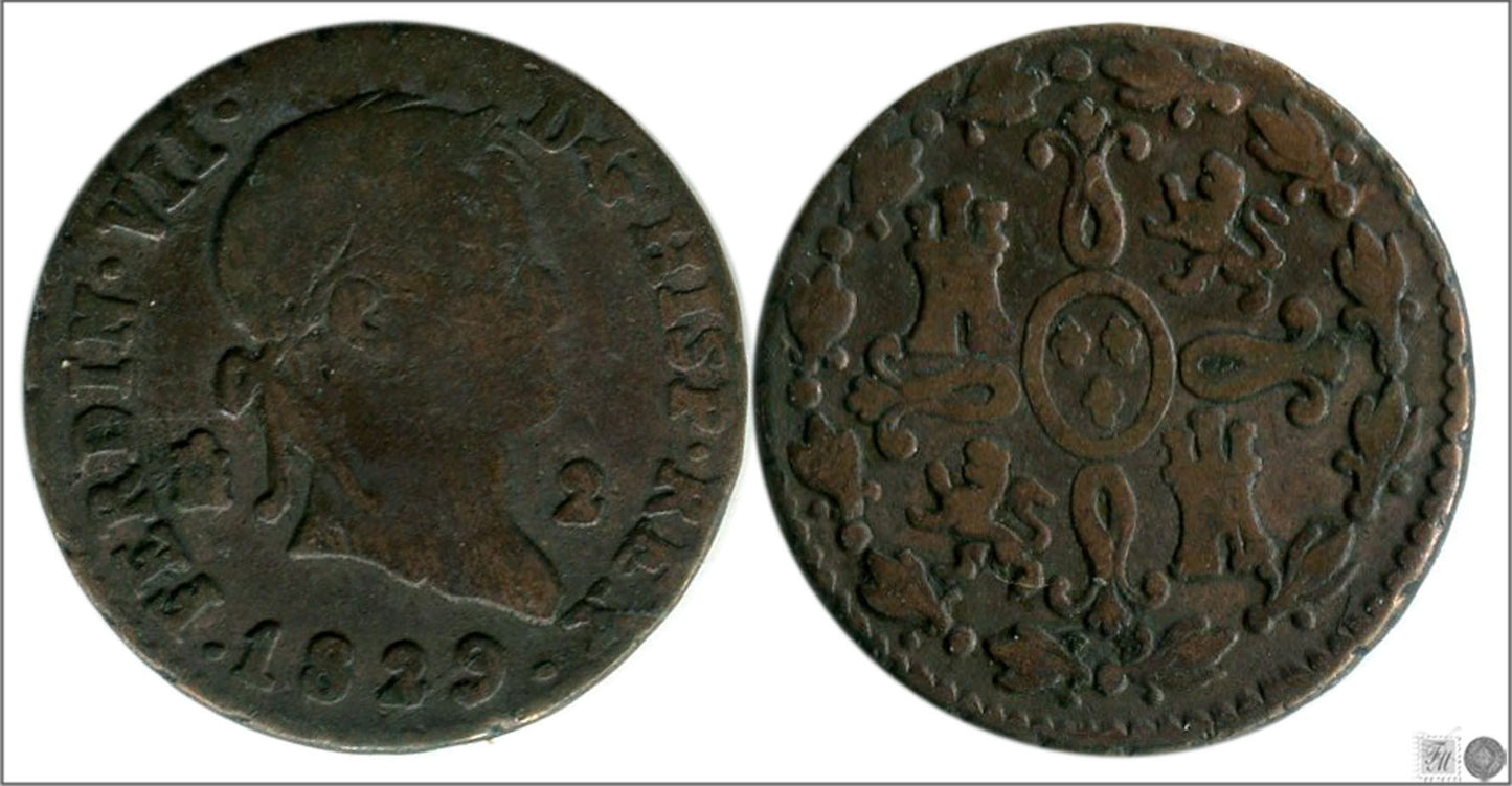 España - 1829 - Fernando VII - Nº 01729 - BC / F - 2 Maravedis 1829 Segovia Cu