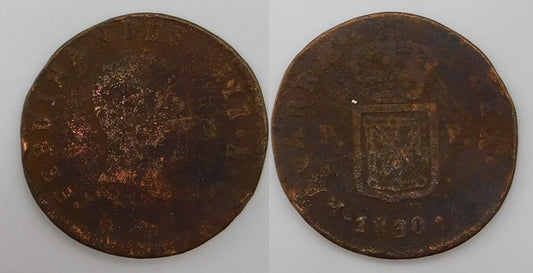 España - 1830 - Fernando VII - Nº 00051 - Regular conservación - RC+ / VG+ - 3 Maravedis 1830 Pamplona / Fernando III