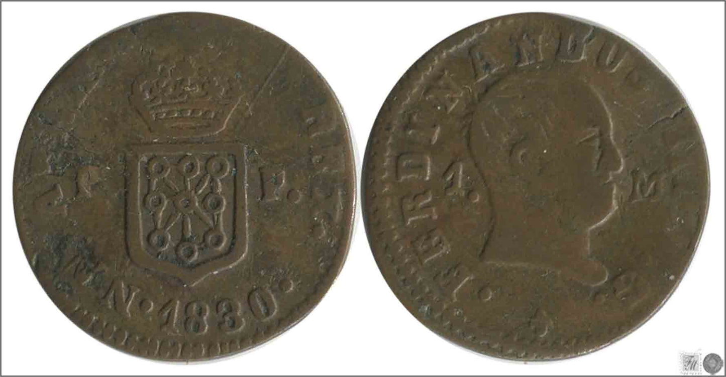 España - 1830 - Fernando VII - Nº 01657 - Muy Buena conservación menos - MBC - / VF- - 1 Maravedi 1830 Pamplona Cu