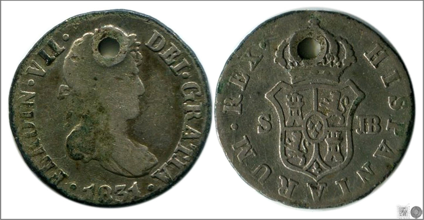 España - 1831 - Fernando VII - Nº 01398 - Cara y Cruz - RC/ BC - 1/2 Real 1831 JB Sevilla Ag / Pequeña perforación