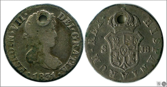 España - 1831 - Fernando VII - Nº 01398 - Cara y Cruz - RC/ BC - 1/2 Real 1831 JB Sevilla Ag / Pequeña perforación