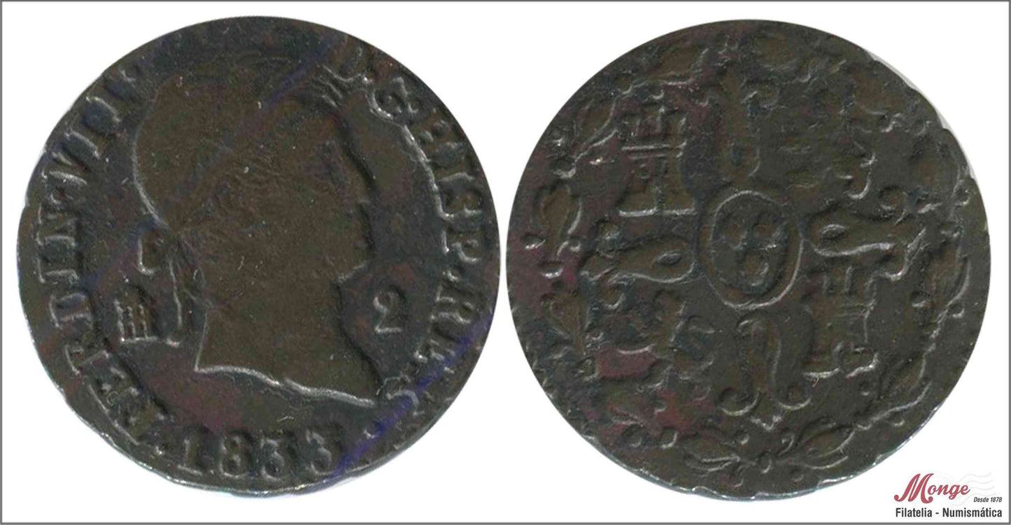 España - 1833 - Fernando VII - Nº 01735 - EBC / XF - 2 Maravedis 1833 Segovia Cu