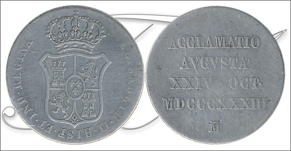 España - 1833 - Medalla - BC / F - Proclamación Isabel II 1833 Madrid / 25 mm diametro / 5,95 gr. plata