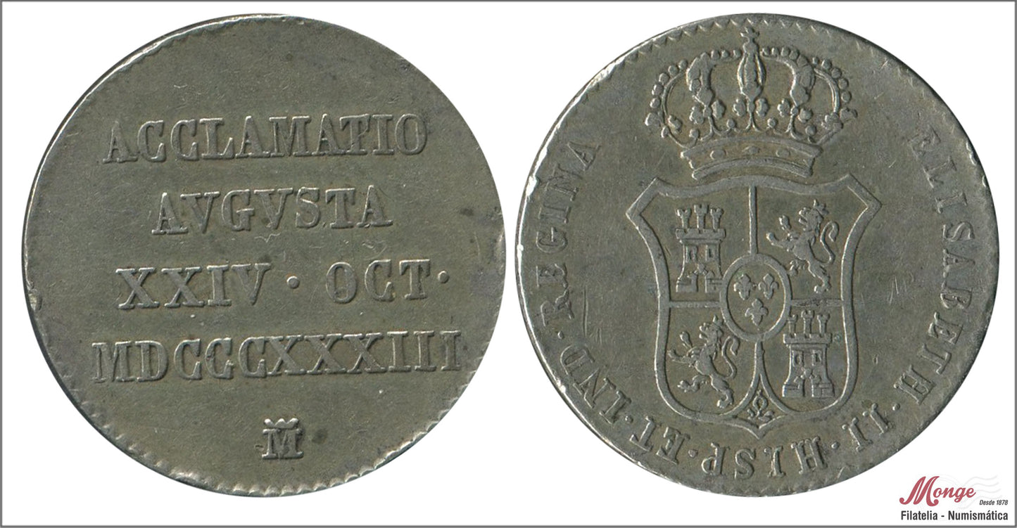 España - 1833 - Medalla - EBC- / XF- - Proclamación Isabel II 1833 Madrid / Modulo 2 Reales Ag