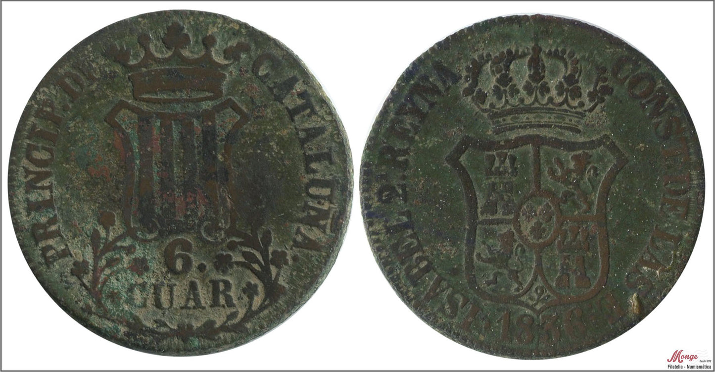 España - 1836 - Isabel II - Nº 00195 - BC+ / F+ - 6 Cuartos 1836 Cataluña Cu