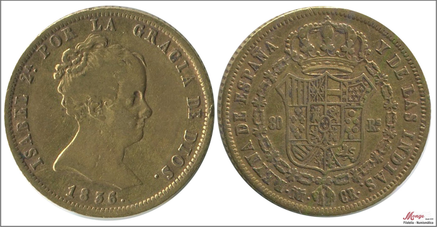 España - 1836 - Isabel II - Nº 00601 - MBC / VF - 80 Reales 1836 CR Madrid / 6,75 gr. oro