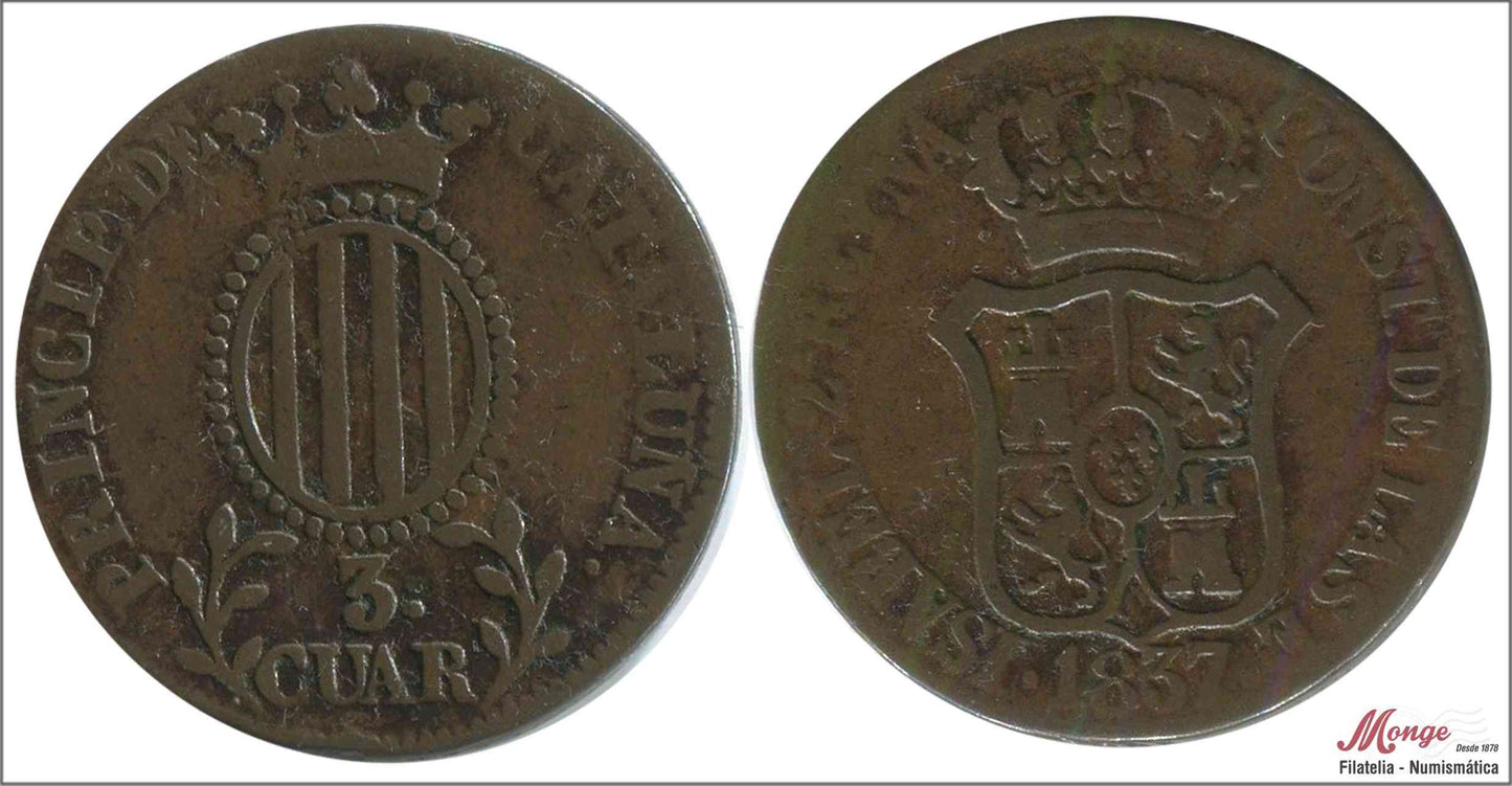 España - 1837 - Isabel II - Nº 00144 - MBC / MBC- - 3 Quartos 1837 Cataluña Cu