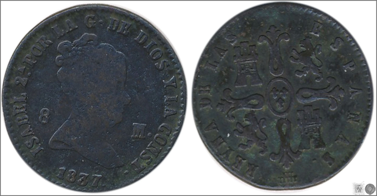 España - 1837 - Isabel II - Nº 00179 - BC- / BC+ - 8 Maravedis 1837 Segovia Cu