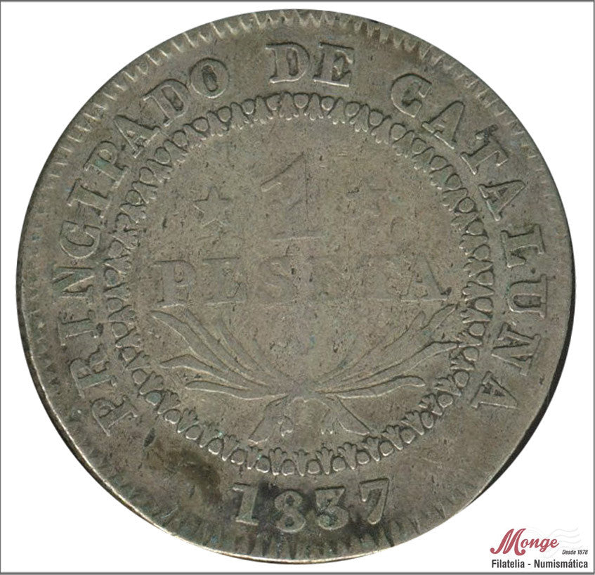 España - 1837 - Isabel II - Nº 00350 - BC- / F- - 1 Peseta 1837 PS Barcelona Ag