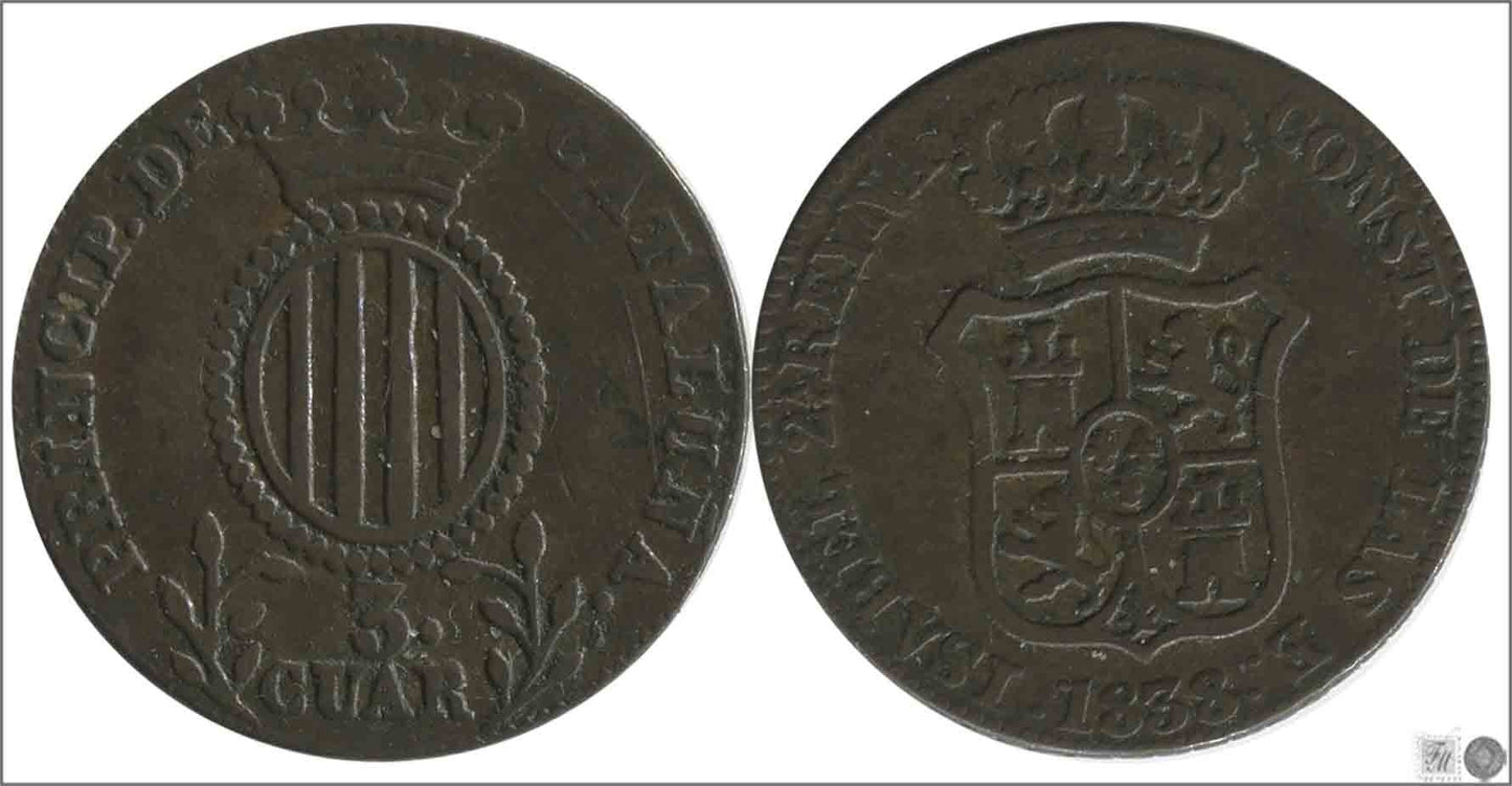 España - 1838 - Isabel II - Nº 00145 - Muy Buena conservación - MBC / VF - 3 Quartos 1838 Cataluña Cu