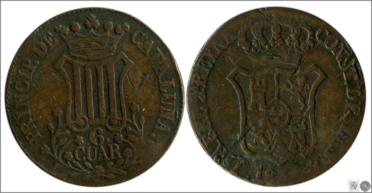 España - 1838 - Isabel II - Nº 00197 - Buena conservación - BC / F - 6 Quartos 1838 Cataluña Cu