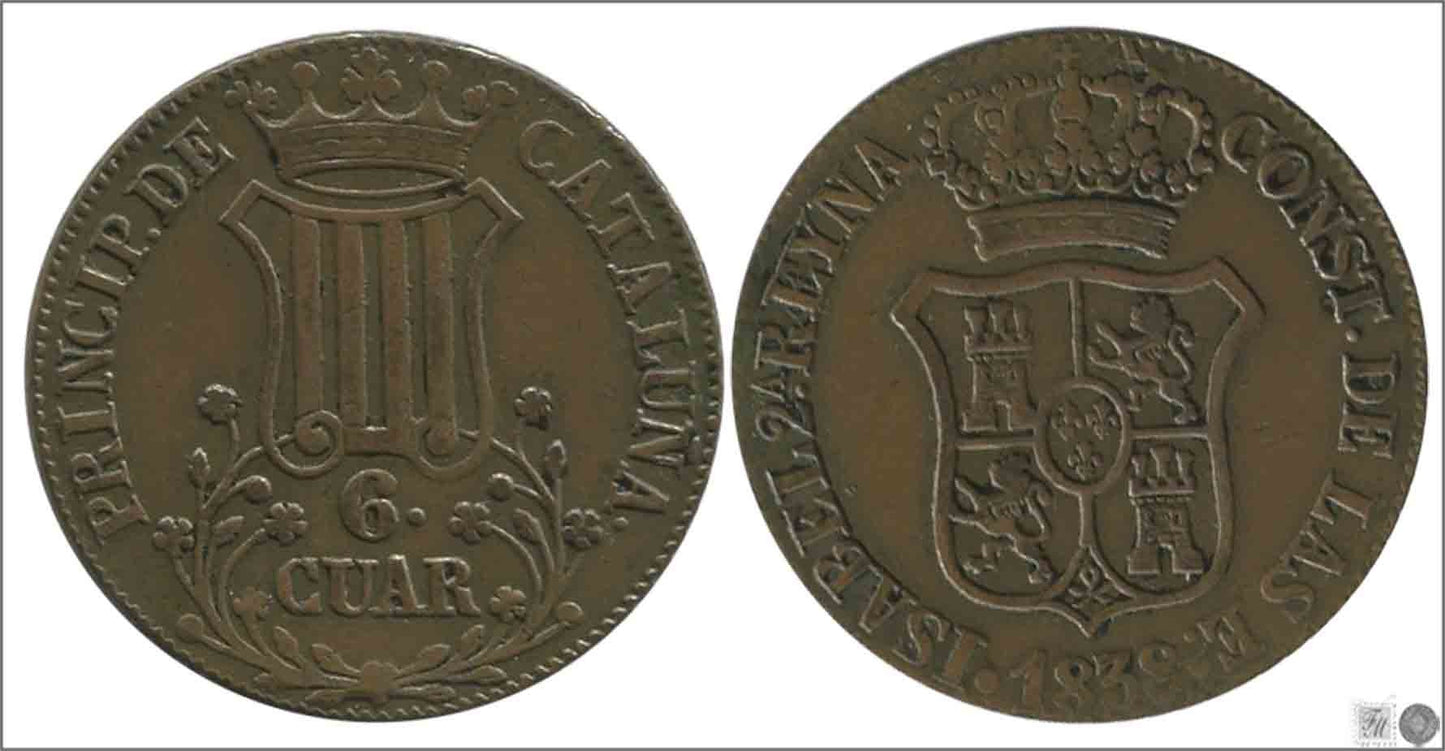 España - 1838 - Isabel II - Nº 00197 - Muy Buena conservación mas - MBC+ / VF+ - 6 Cuarto 1838 Cataluña Cu