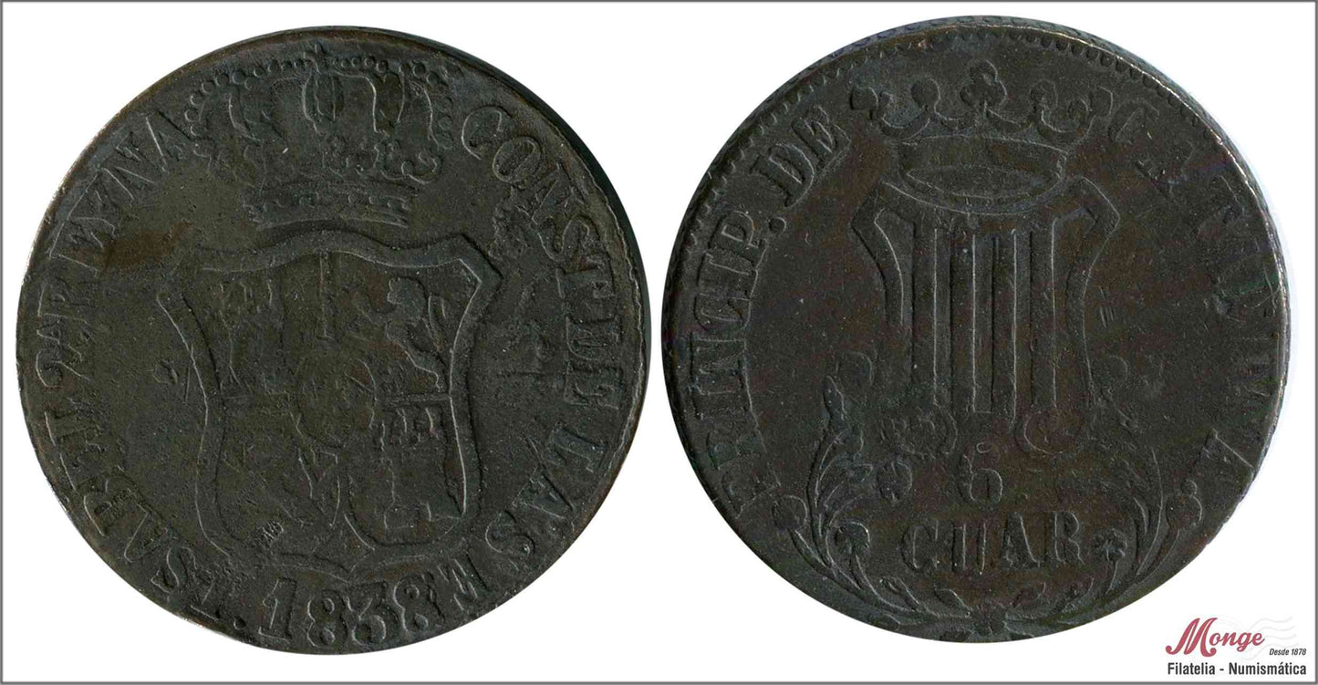 España - 1838 - Isabel II - Nº 00197a - MBC - / VF- - 6 Quartos 1838 sobre 1836 Muy RARA tipo CUAR - Cataluña Cu