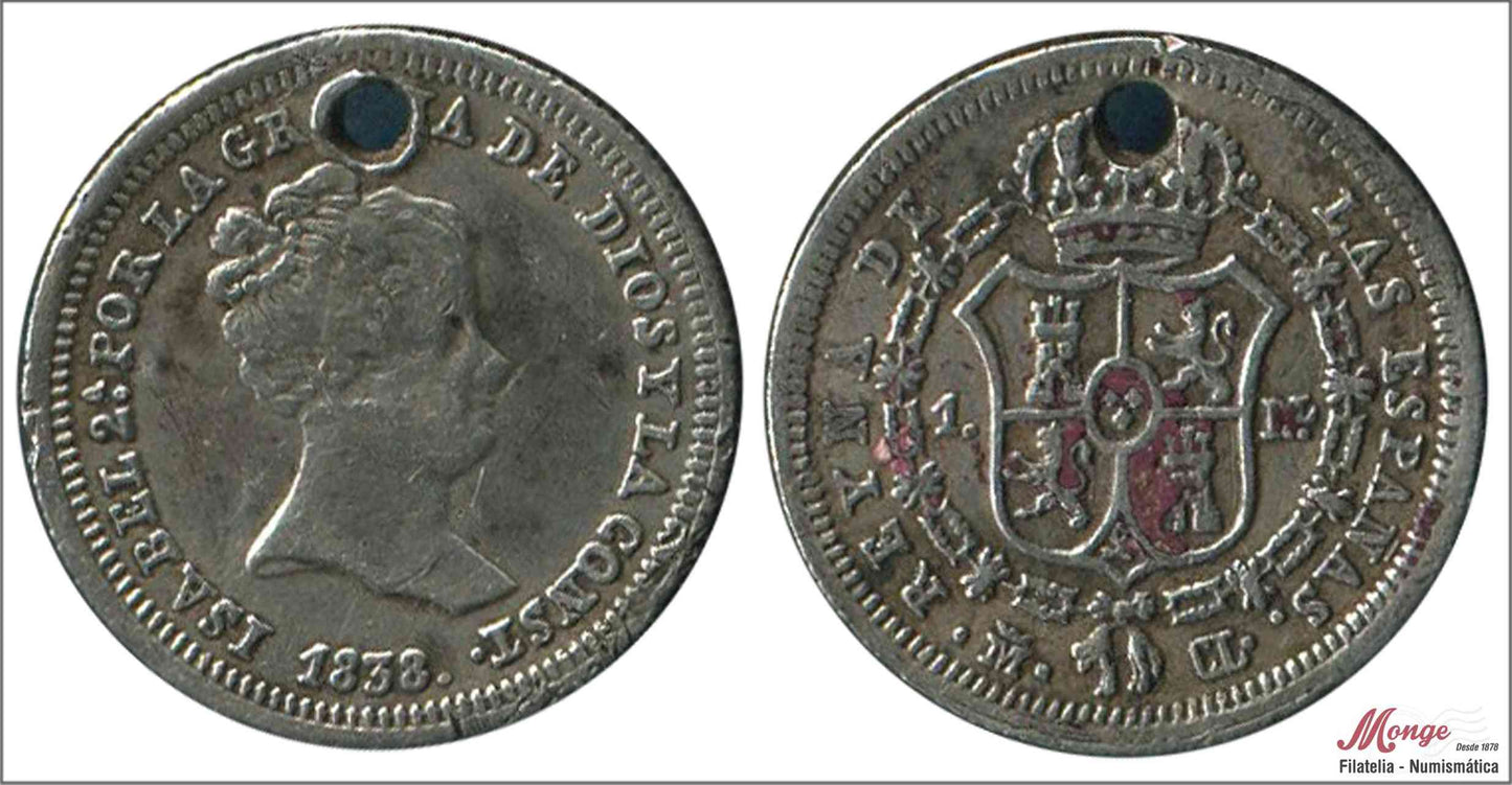 España - 1838 - Isabel II - Nº 00235 - MBC / VF - 1 Real 1838 Madrid CL Ag. - perforada