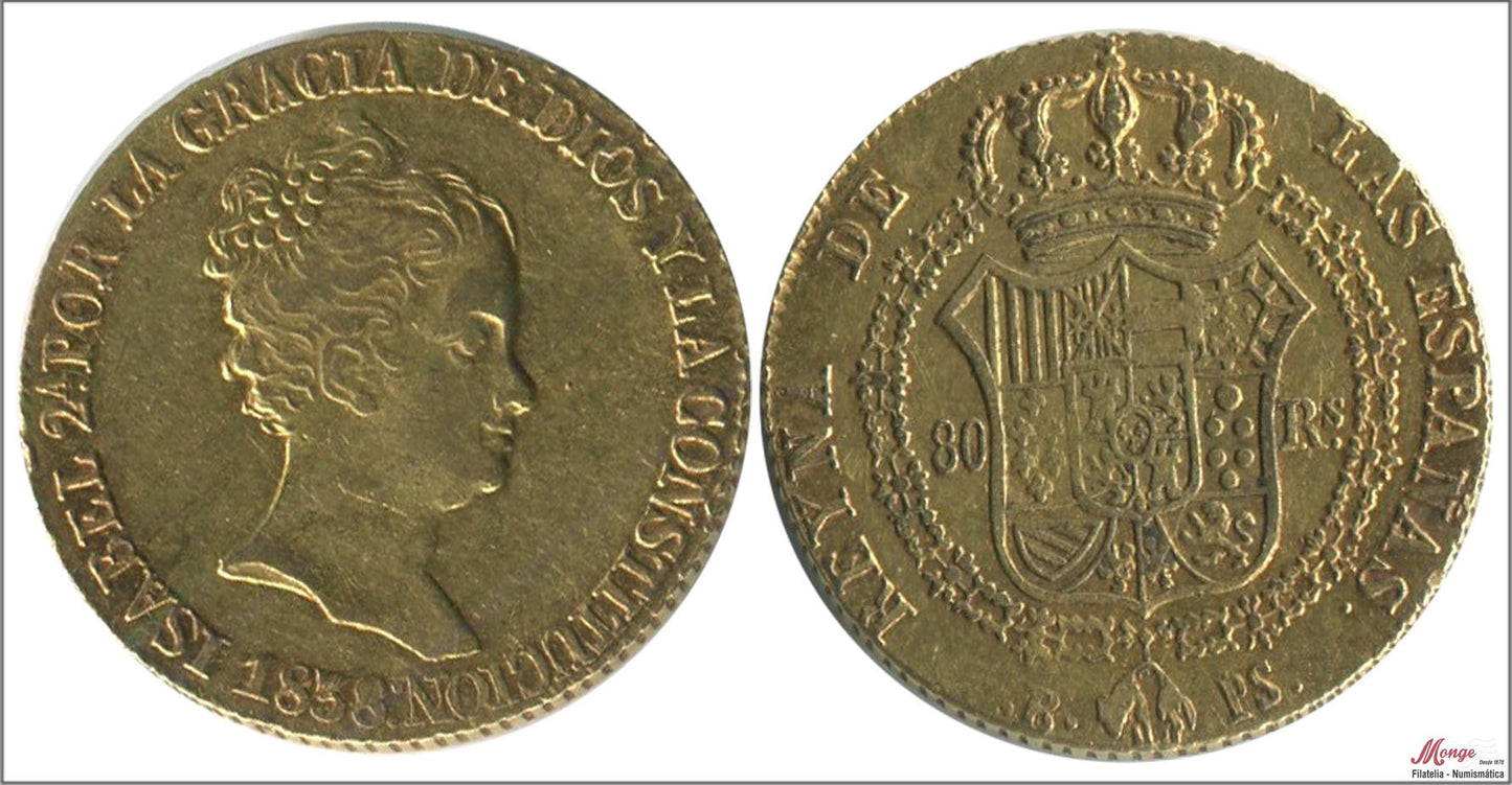 España - 1838 - Isabel II - Nº 00577 - MBC - / VF- - 80 Reales 1838 Barcelona PS 6,80 gr. oro