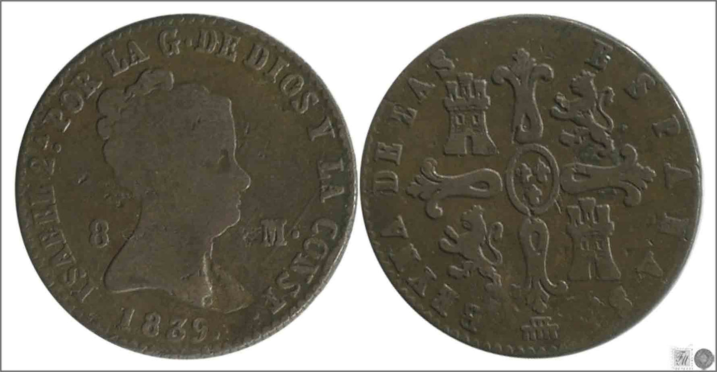 España - 1839 - Isabel II - Nº 00181 - Buena conservación mas - BC+ / F+ - 8 Maravedis 1839 Segovia Cu / Golpe parte inferior