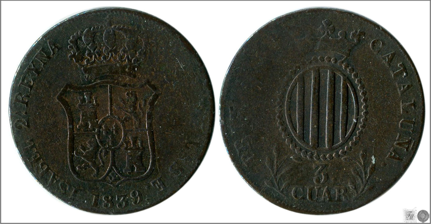 España - 1839 - Isabel II - Nº 00199 - BC- / F- - 6 Quartos 1839 Cataluña Cu