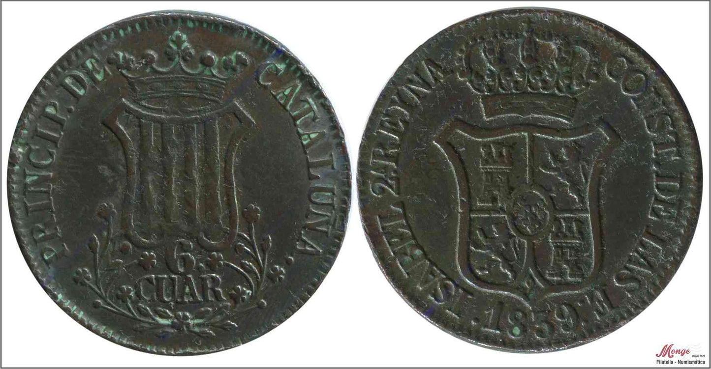 España - 1839 - Isabel II - Nº 00199 - MBC / VF - 6 Quartos 1839 Cataluña Cu