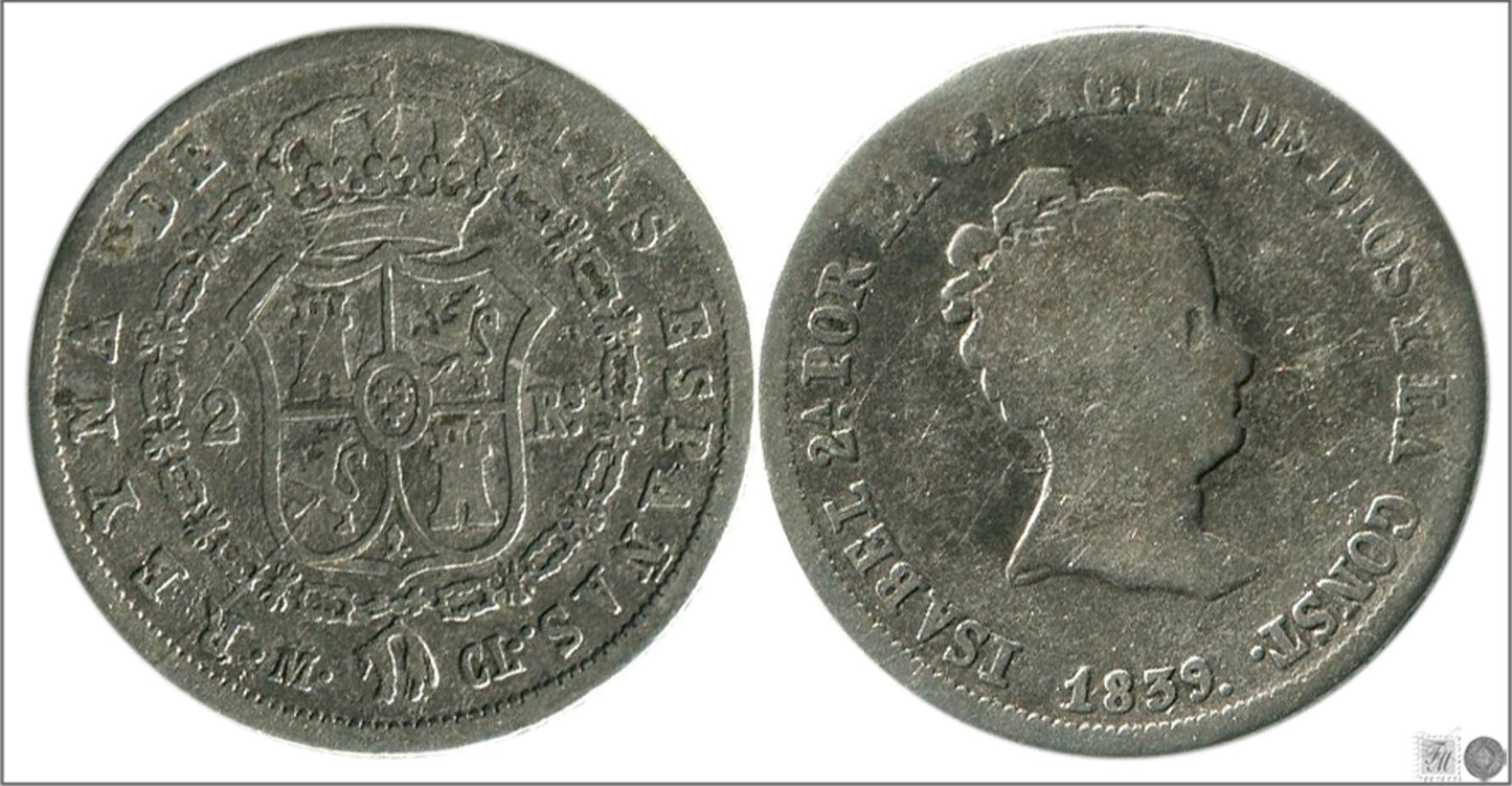 España - 1839 - Isabel II - Nº 00293 - Buena conservación - BC / F - 2 Real 1839 CL Madrid Ag