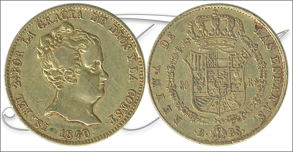 España - 1840 - Isabel II - Nº 00584 - MBC+ / VF+ - 80 Reales 1840 Barcelona PS 6,80 gr. oro