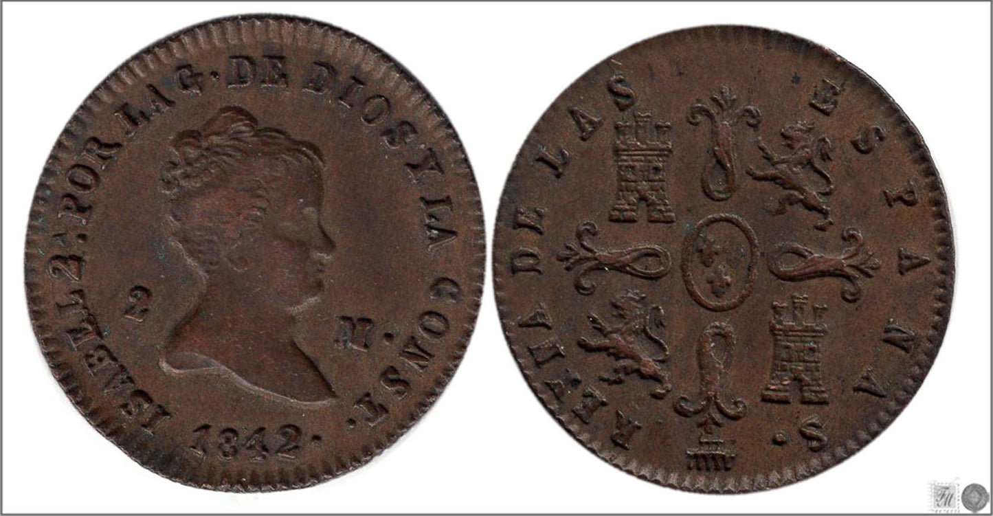 España - 1842 - Isabel II - Nº 00046 - Excelente conservacion - EBC / XF - 2 Maravedis 1842 Segovia Cu