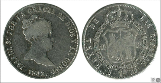 España - 1842 - Isabel II - Nº 00444 - Cara y Cruz - MBC- / BC+ - 10 Reales 1842 RD Sevilla Ag