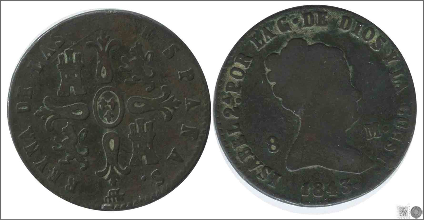 España - 1843 - Isabel II - Nº 00186 - Buena conservación mas - BC+ / F+ - 8 Maravedis 1843 Segovia Cu