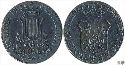 España - 1843 - Isabel II - Nº 00203 - Cara y Cruz - MBC+ / EBC- - 6 Quartos 1843 Cataluña Cu