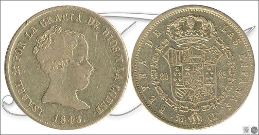 España - 1843 - Isabel II - Nº 00608 - BC / MBC - 80 Reales 1843 CL Madrid / 6,80 gr. oro